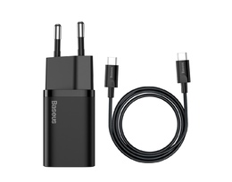 Adapter Baseus Super Si Quick Charger 1C 25W EU Sets With Mini Cable Type-C to Type-C 3A 1m BLACK (TZCCSUP-L01)