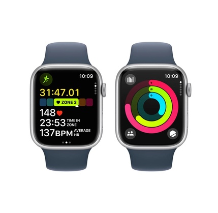 Smart saat Apple Watch Series 9 GPS, 41mm Silver Aluminium Case with Storm Blue Sport Band - S/M (MR903QR/A)